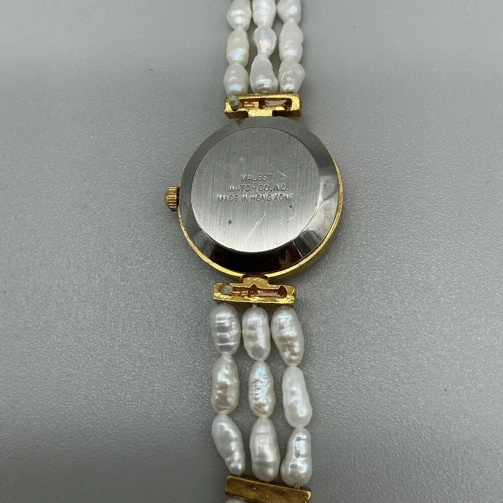 Vintage Majestron Womens Watch 22mm MOP Dial Gold Tone Beaded New Battery 7.5